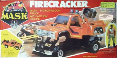 Kenner M.A.S.K. Firecracker Swedish box. The box is the US box of the 2nd Wave, with additional stickers with Swedish texts.
