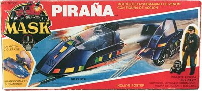 Kenner M.A.S.K. Piranha Auriken Mexican box, licensed product. Same box as the US box but with spanish texts.
