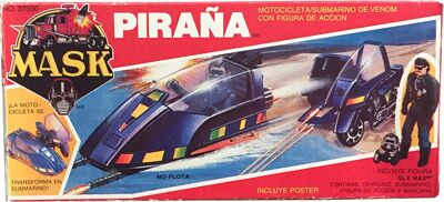 Kenner M.A.S.K. Piranha PlayFul Argentine box, licensed product. Same box as the US box but with spanish texts.
