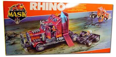Kenner M.A.S.K. Rhino EU box first wave. Logo with missile launching. Toy has a missile.