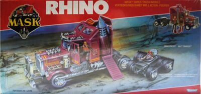 Kenner M.A.S.K. Rhino German box from the second wave. Logo without missile launching. Toy has a TV sat.