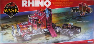 Kenner M.A.S.K. Rhino German box from the second wave. Logo without missile launching. Toy has a TV sat.