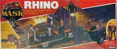 Kenner M.A.S.K. Rhino Auriken Mexican box, licensed product. Same box as the US box but with spanish texts.