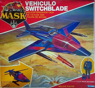 Kenner M.A.S.K. Switchblade Auriken Mexican box, licensed product. Same box as the US box but with spanish texts.